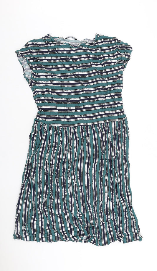 Indigo Blue Womens Green Striped 100% Cotton T-Shirt Dress Size S Boat Neck Pullover