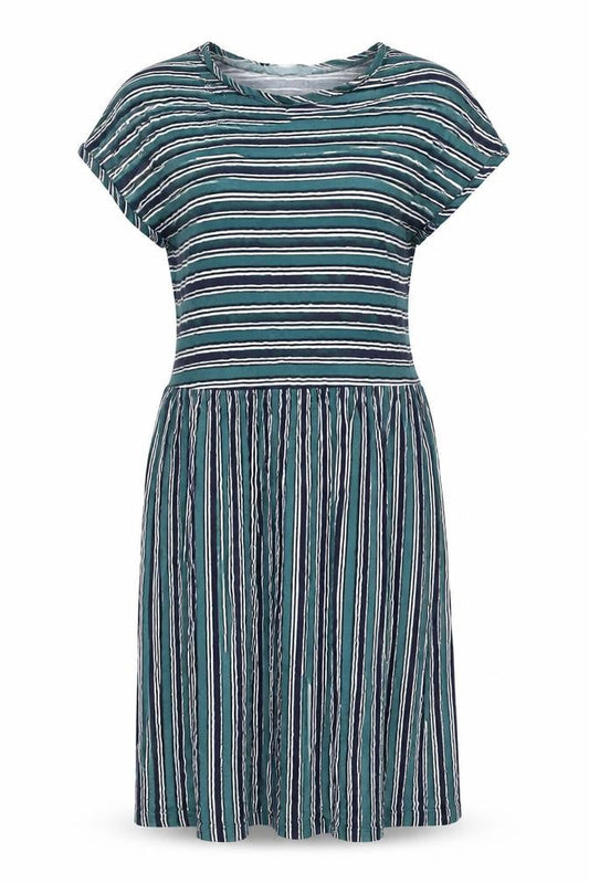 Indigo Blue Womens Green Striped 100% Cotton T-Shirt Dress Size S Boat Neck Pullover