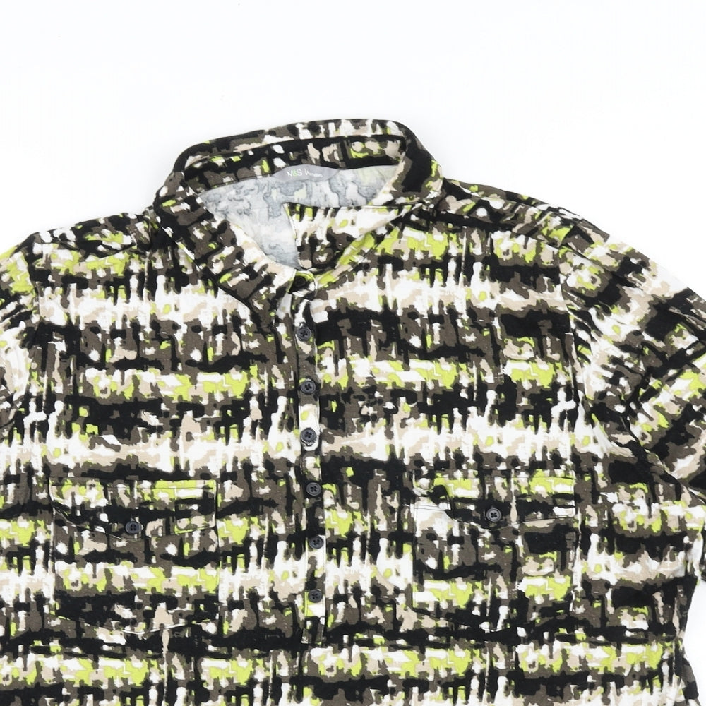 Marks and Spencer Womens Brown Geometric 100% Cotton Basic Button-Up Size 18 Collared
