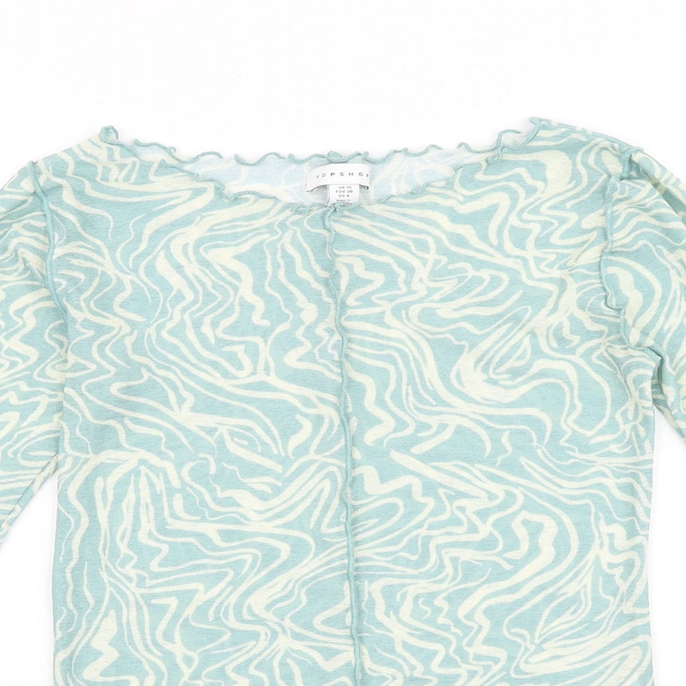 Topshop Womens Green Geometric Polyester Basic T-Shirt Size 10 Round Neck