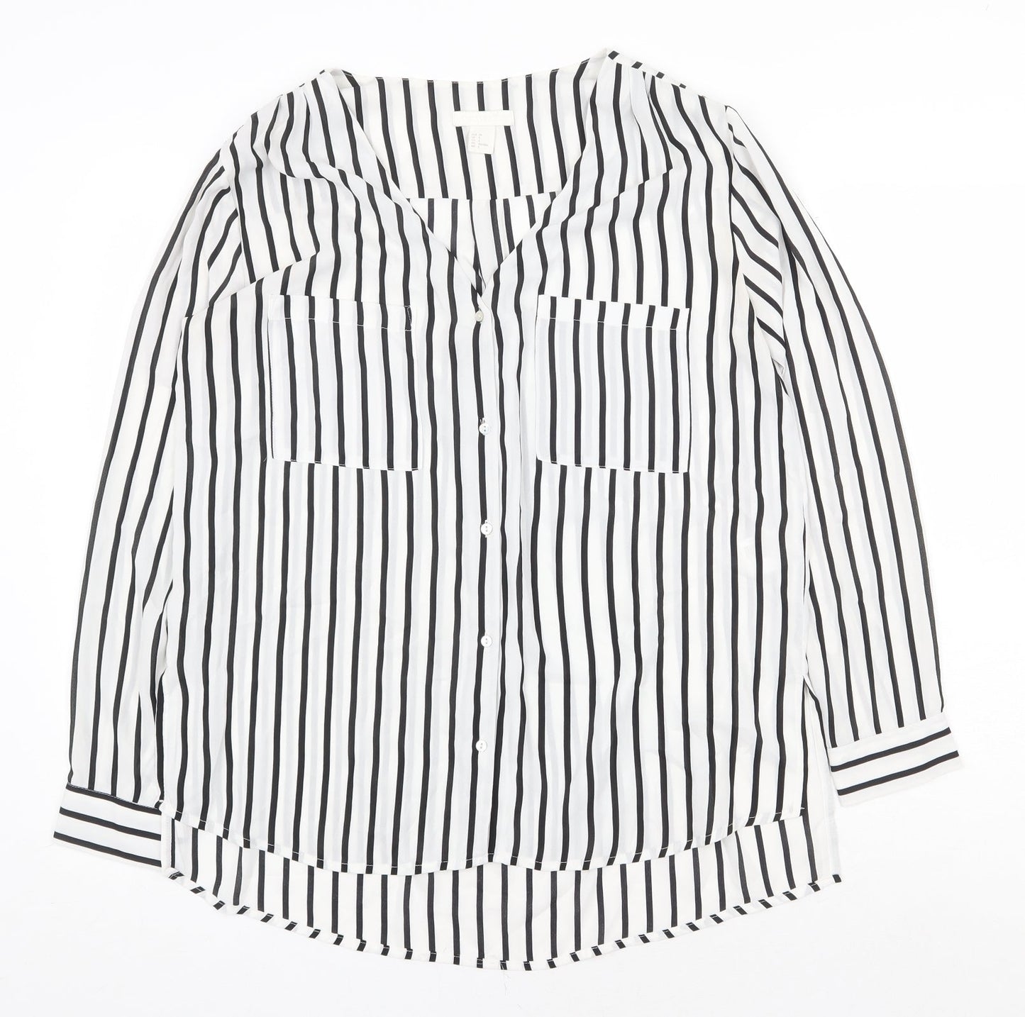 H&M Womens White Striped Polyester Basic Button-Up Size 10 V-Neck