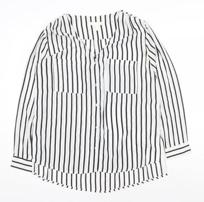 H&M Womens White Striped Polyester Basic Button-Up Size 10 V-Neck