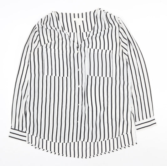 H&M Womens White Striped Polyester Basic Button-Up Size 10 V-Neck
