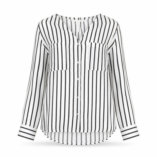 H&M Womens White Striped Polyester Basic Button-Up Size 10 V-Neck