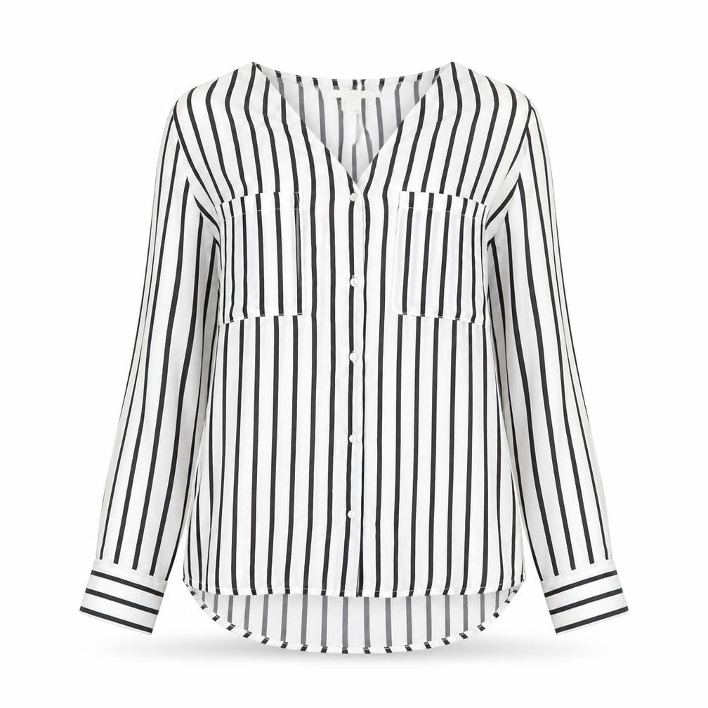 H&M Womens White Striped Polyester Basic Button-Up Size 10 V-Neck