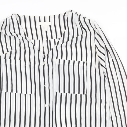 H&M Womens White Striped Polyester Basic Button-Up Size 10 V-Neck