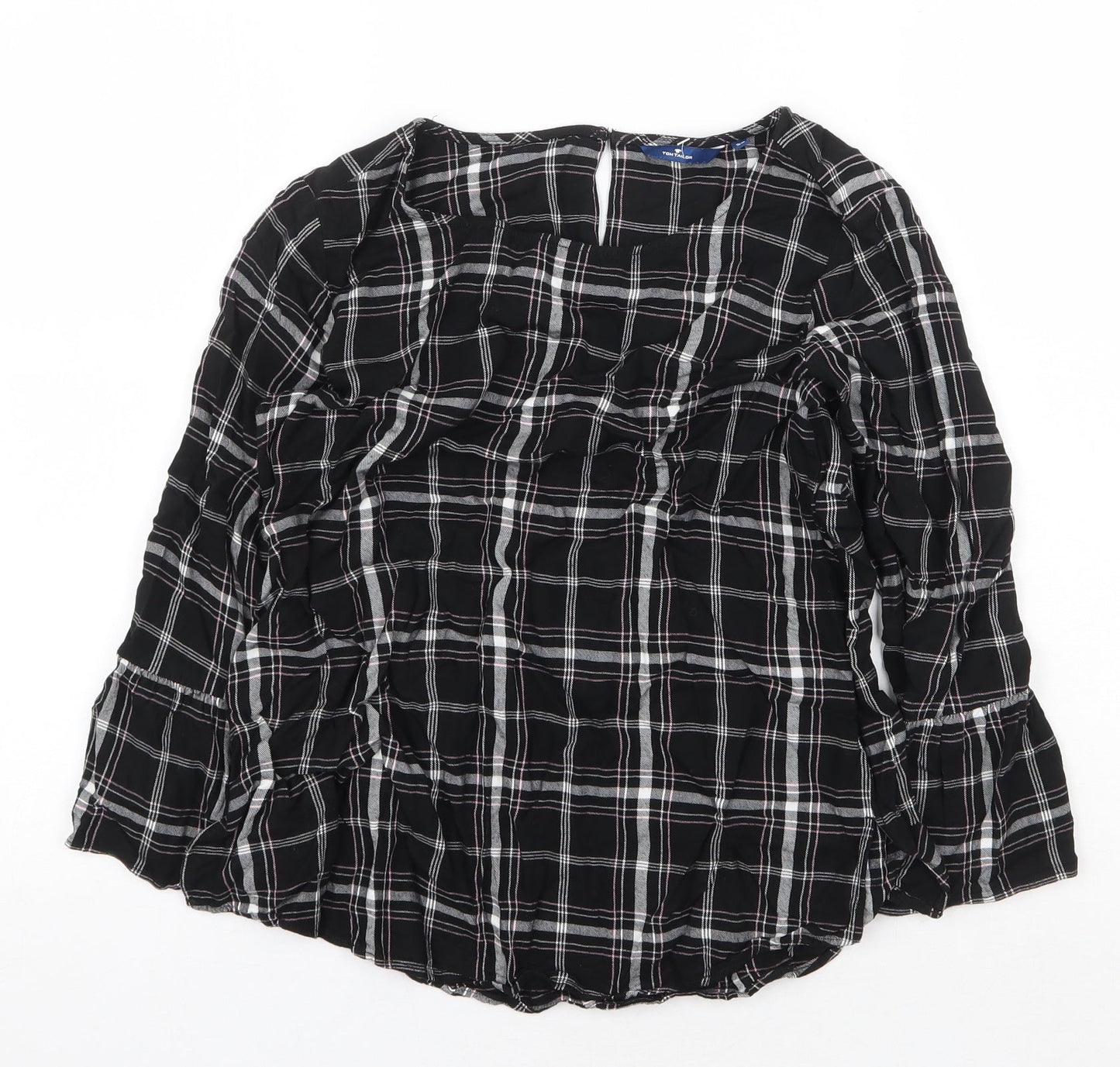 TOM TAILOR Womens Black Plaid Viscose Basic Blouse Size 8 Scoop Neck