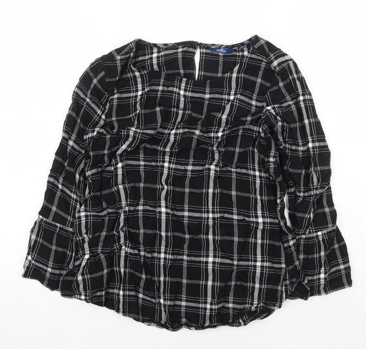 TOM TAILOR Womens Black Plaid Viscose Basic Blouse Size 8 Scoop Neck