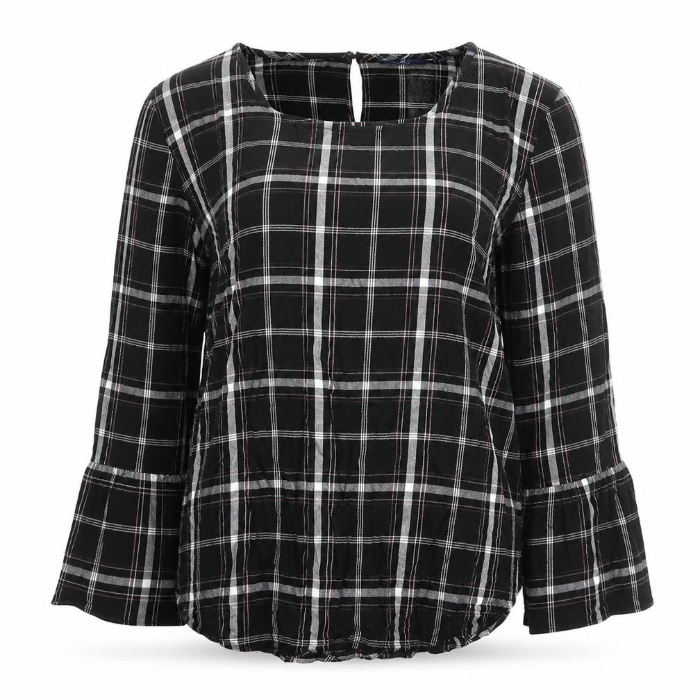 TOM TAILOR Womens Black Plaid Viscose Basic Blouse Size 8 Scoop Neck