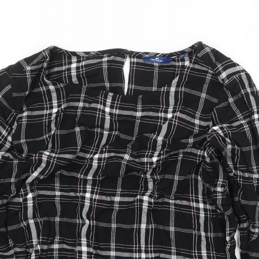 TOM TAILOR Womens Black Plaid Viscose Basic Blouse Size 8 Scoop Neck