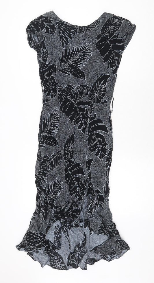 All That Jayy Womens Black Geometric Viscose Mermaid Size 10 Boat Neck Zip - Leaf Pattern