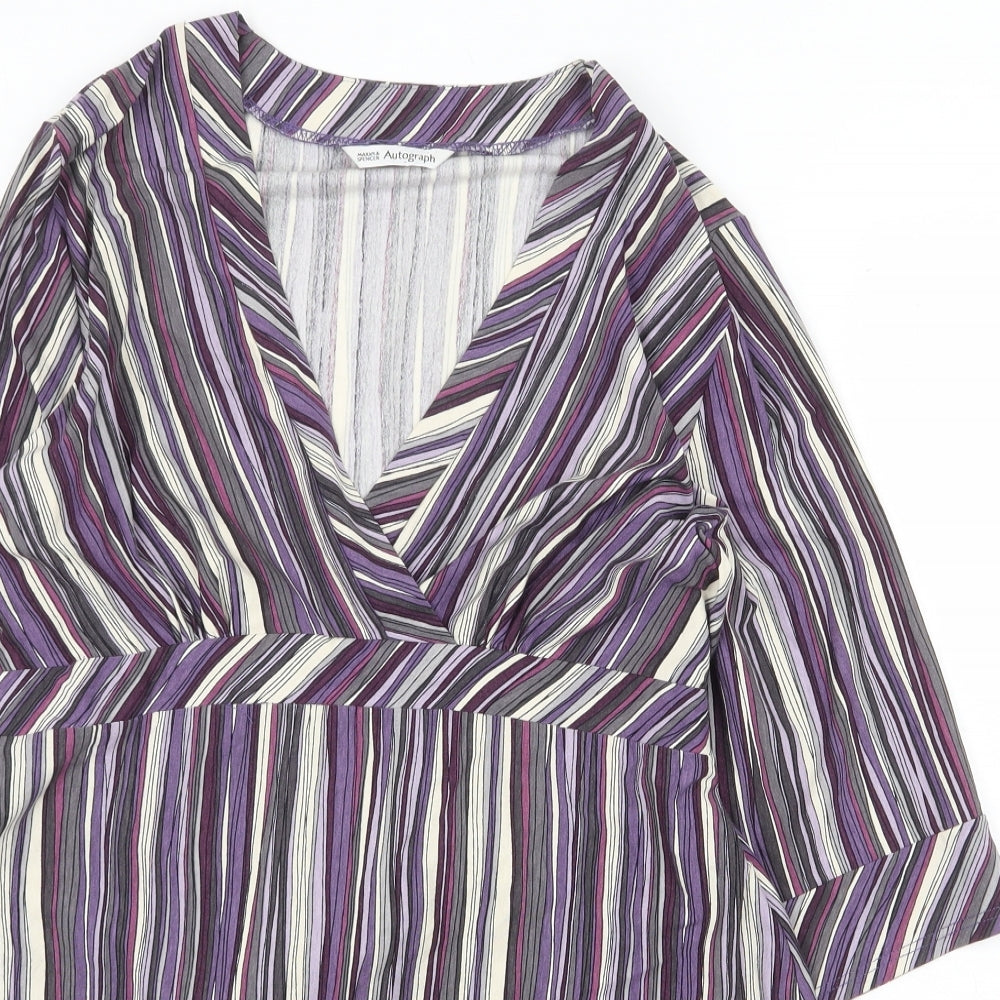 Marks and Spencer Womens Purple Striped Viscose A-Line Size 14 V-Neck Tie