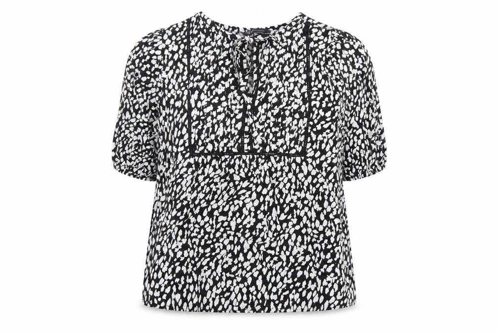Marks & Spencer Womens Black Geometric Linen Basic Blouse Size 8 Round Neck