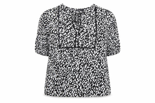 Marks and Spencer Womens Black Geometric Linen Basic Blouse Size 8 Round Neck