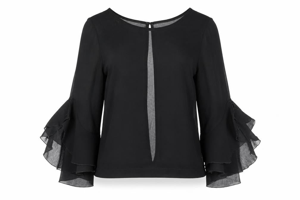 Zack Womens Black Polyester Basic Blouse Size M Boat Neck - Bell Sleeve, Open Back