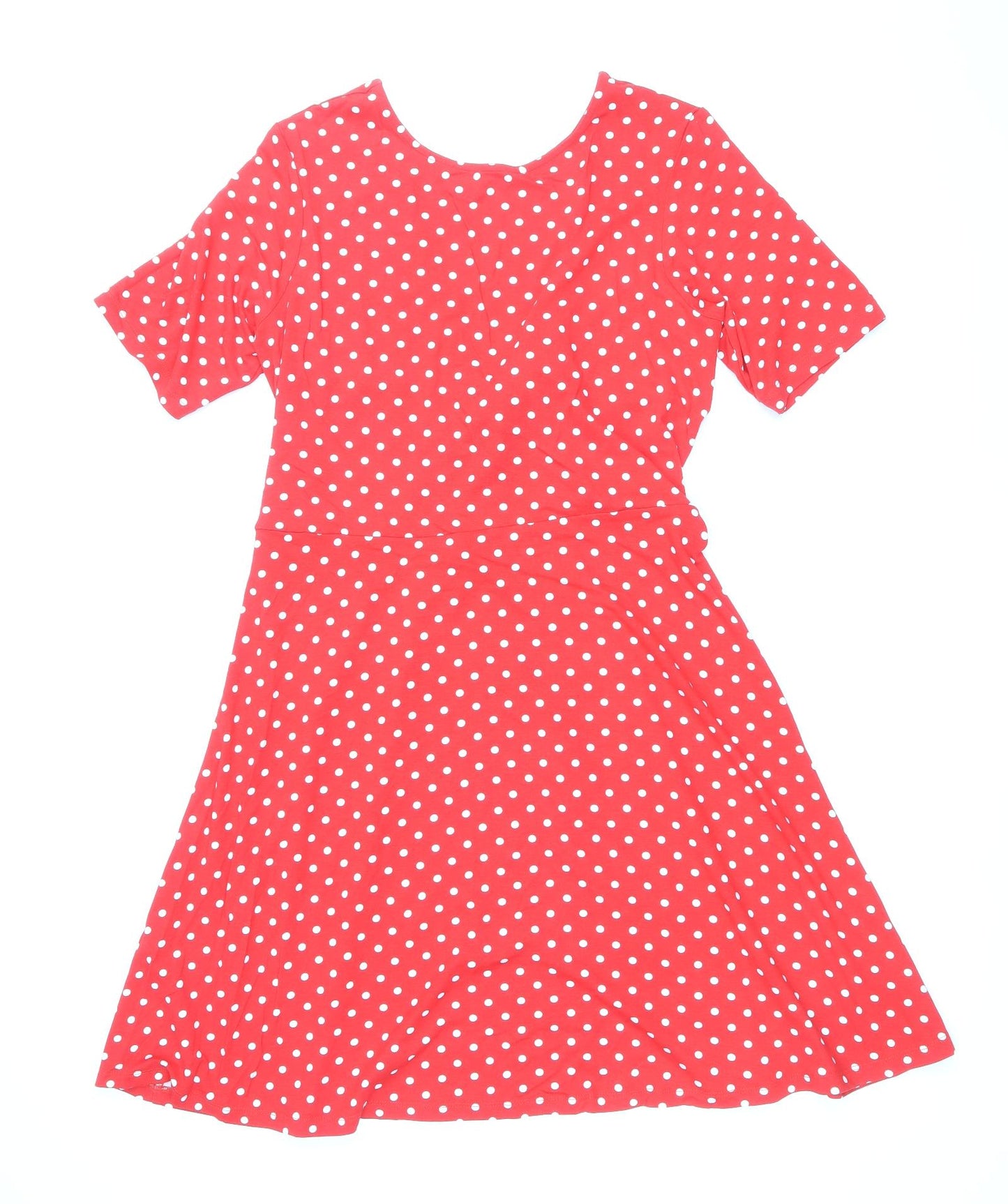 ASOS Womens Red Polka Dot Viscose Skater Dress Size 14 Round Neck Tie