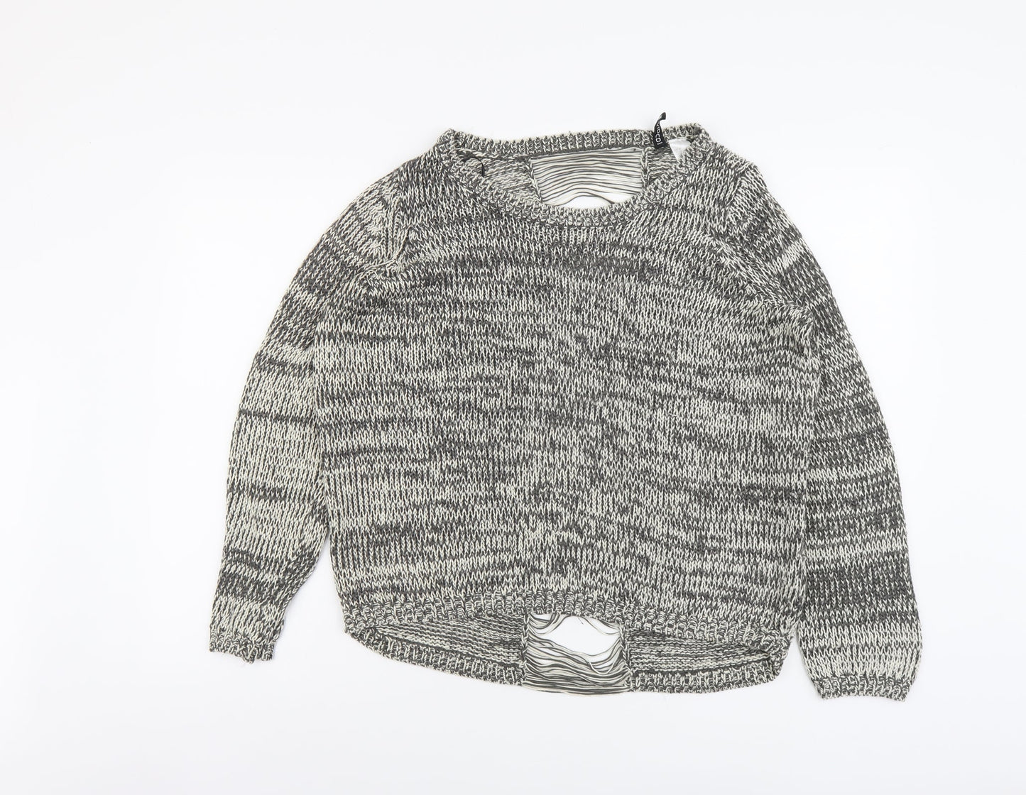 H&M Womens Grey Boat Neck Acrylic Pullover Jumper Size M - Distressed Back