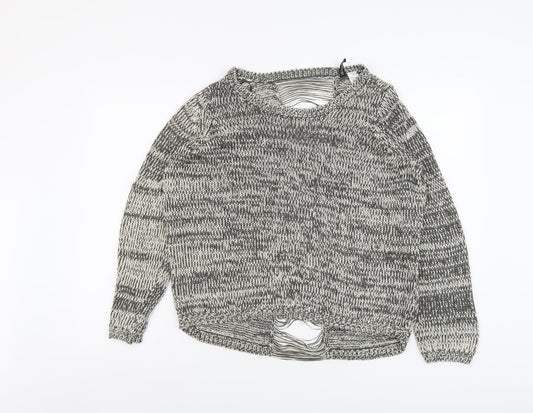 H&M Womens Grey Boat Neck Acrylic Pullover Jumper Size M - Distressed Back