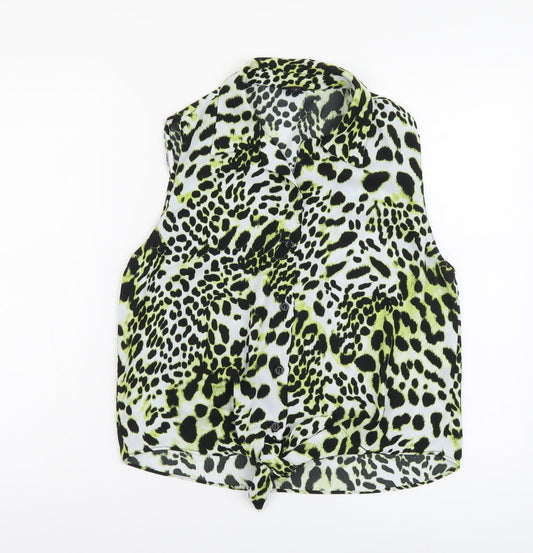 River Island Womens Yellow Animal Print Polyester Cropped Button-Up Size 14 Collared - Leopard Print Tie Front