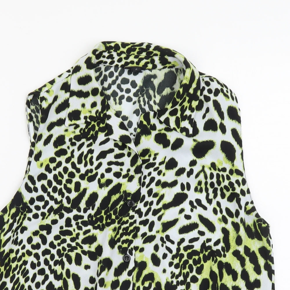River Island Womens Yellow Animal Print Polyester Cropped Button-Up Size 14 Collared - Leopard Print Tie Front