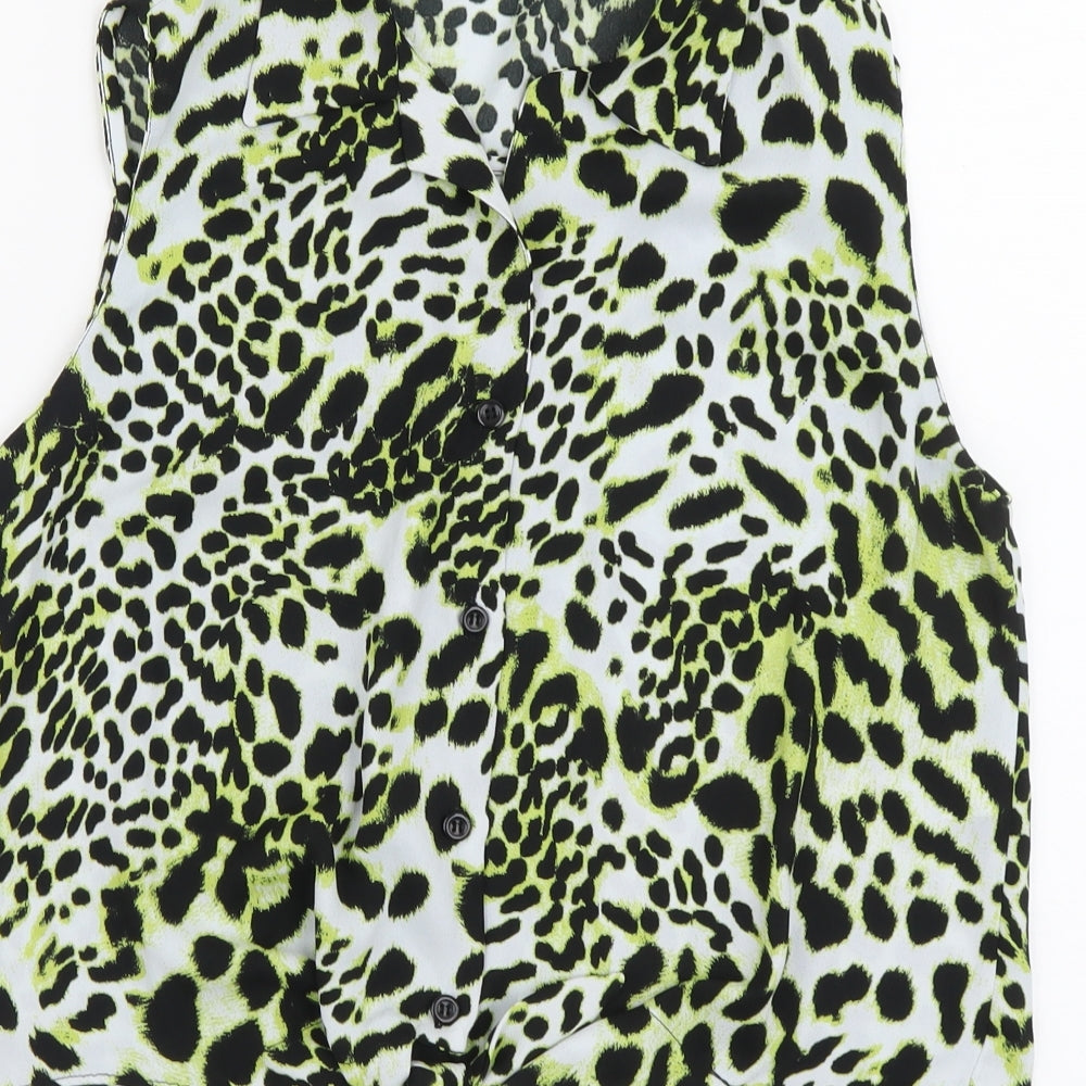 River Island Womens Yellow Animal Print Polyester Cropped Button-Up Size 14 Collared - Leopard Print Tie Front
