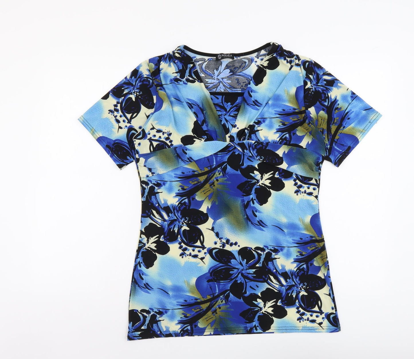 Mega Design Womens Blue Floral Polyester Basic T-Shirt Size 14 V-Neck