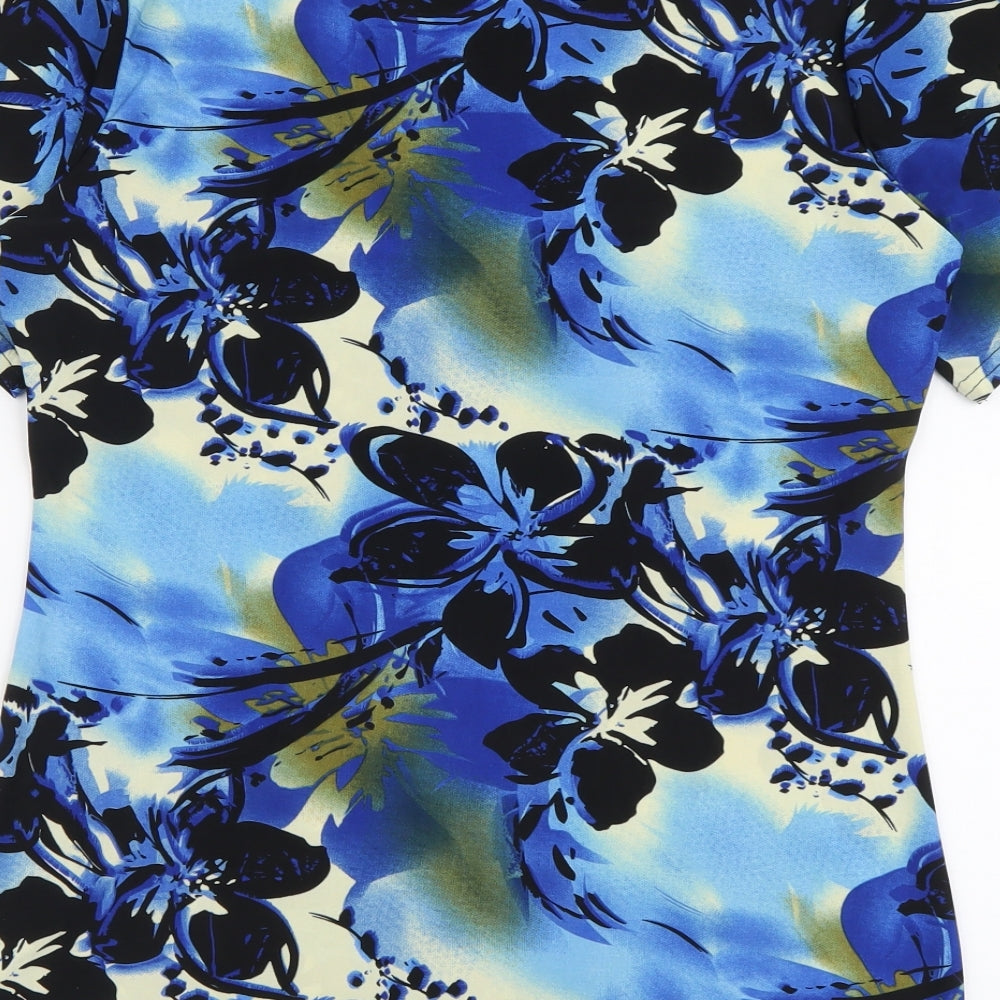 Mega Design Womens Blue Floral Polyester Basic T-Shirt Size 14 V-Neck