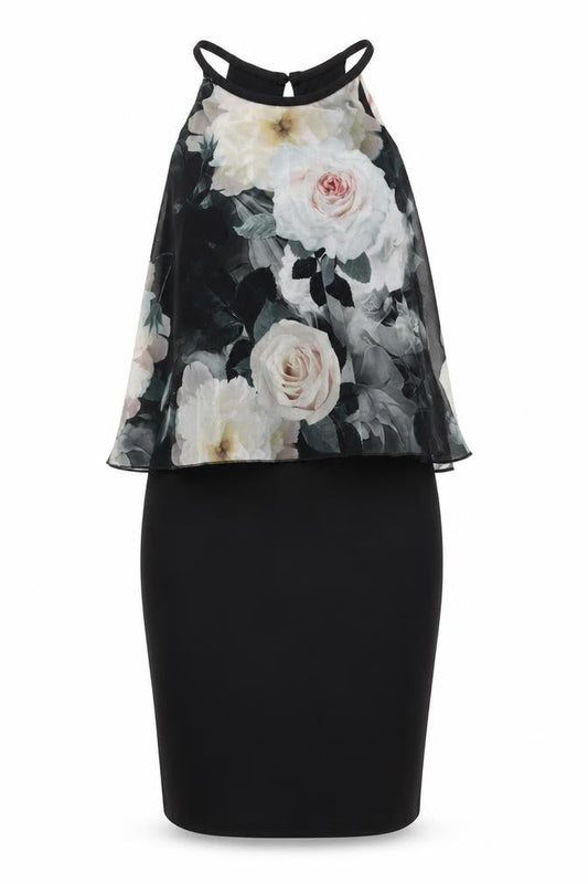 Lipsy Womens Black Floral Polyester Pencil Dress Size S Halter Button