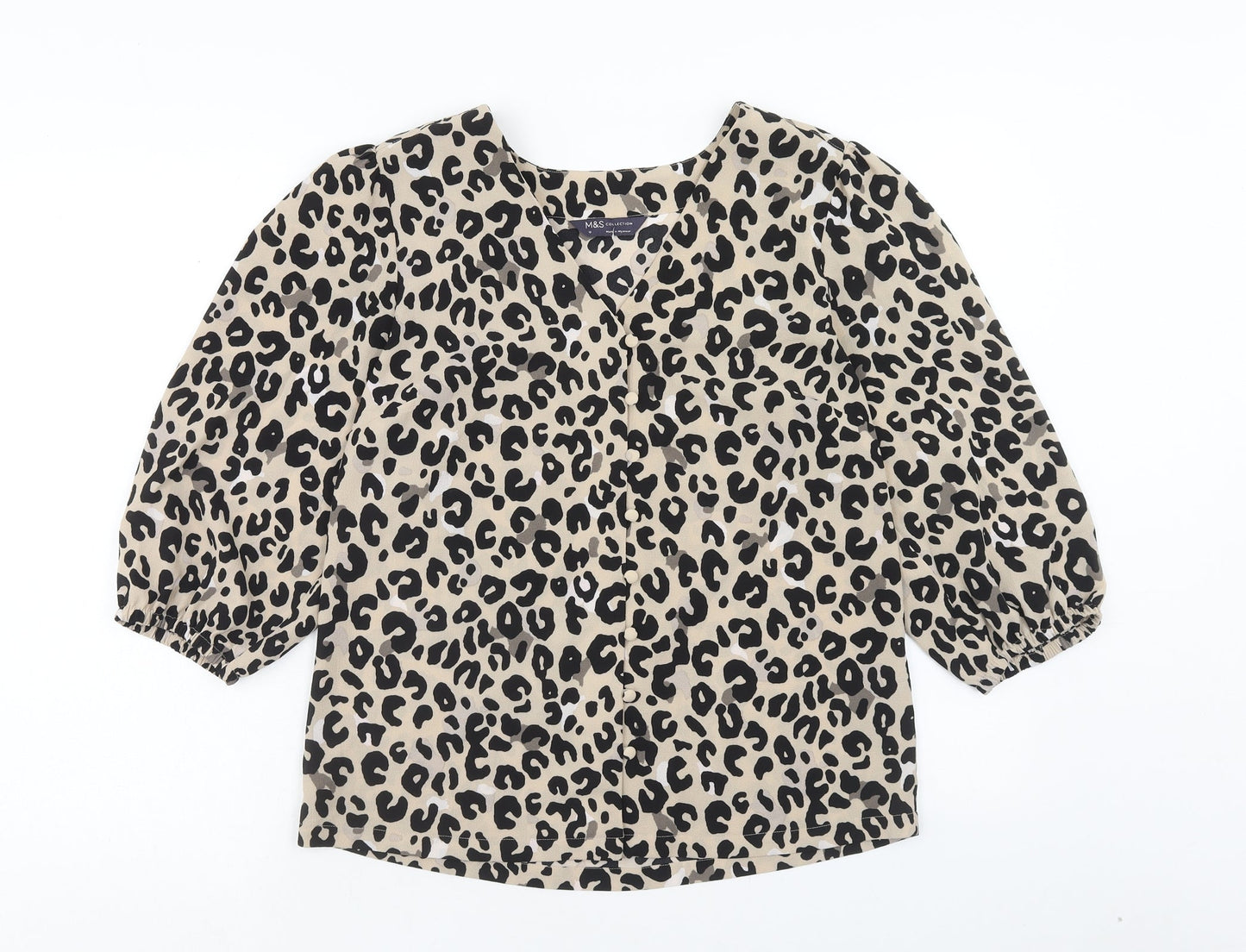Marks and Spencer Womens Brown Animal Print Polyester Basic Blouse Size 10 V-Neck - Leopard Print