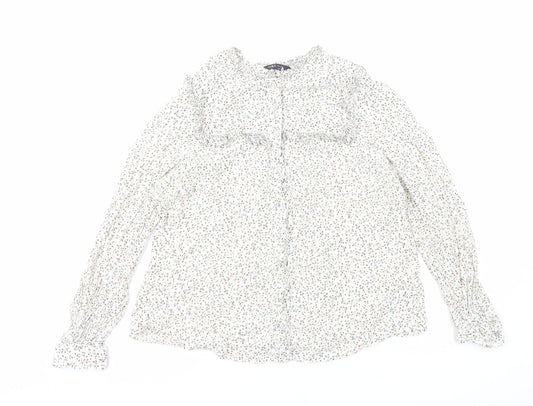 Marks and Spencer Womens White Floral Viscose Basic Button-Up Size 14 Round Neck