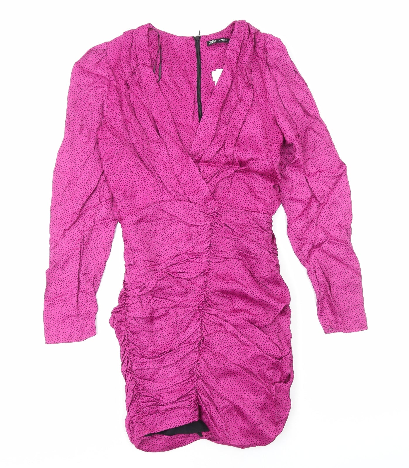 Zara Womens Pink Animal Print Polyester Bodycon Size XS V-Neck Zip - Pleat Detail