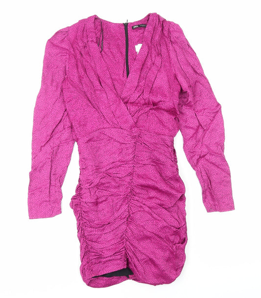Zara Womens Pink Animal Print Polyester Bodycon Size XS V-Neck Zip - Pleat Detail