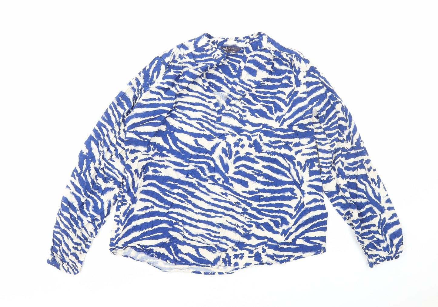 Marks and Spencer Womens Blue Animal Print Viscose Basic Blouse Size 6 Round Neck - Tiger Print