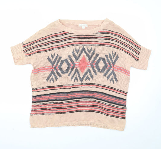 Monsoon Womens Pink Boat Neck Geometric Cotton Pullover Jumper Size S