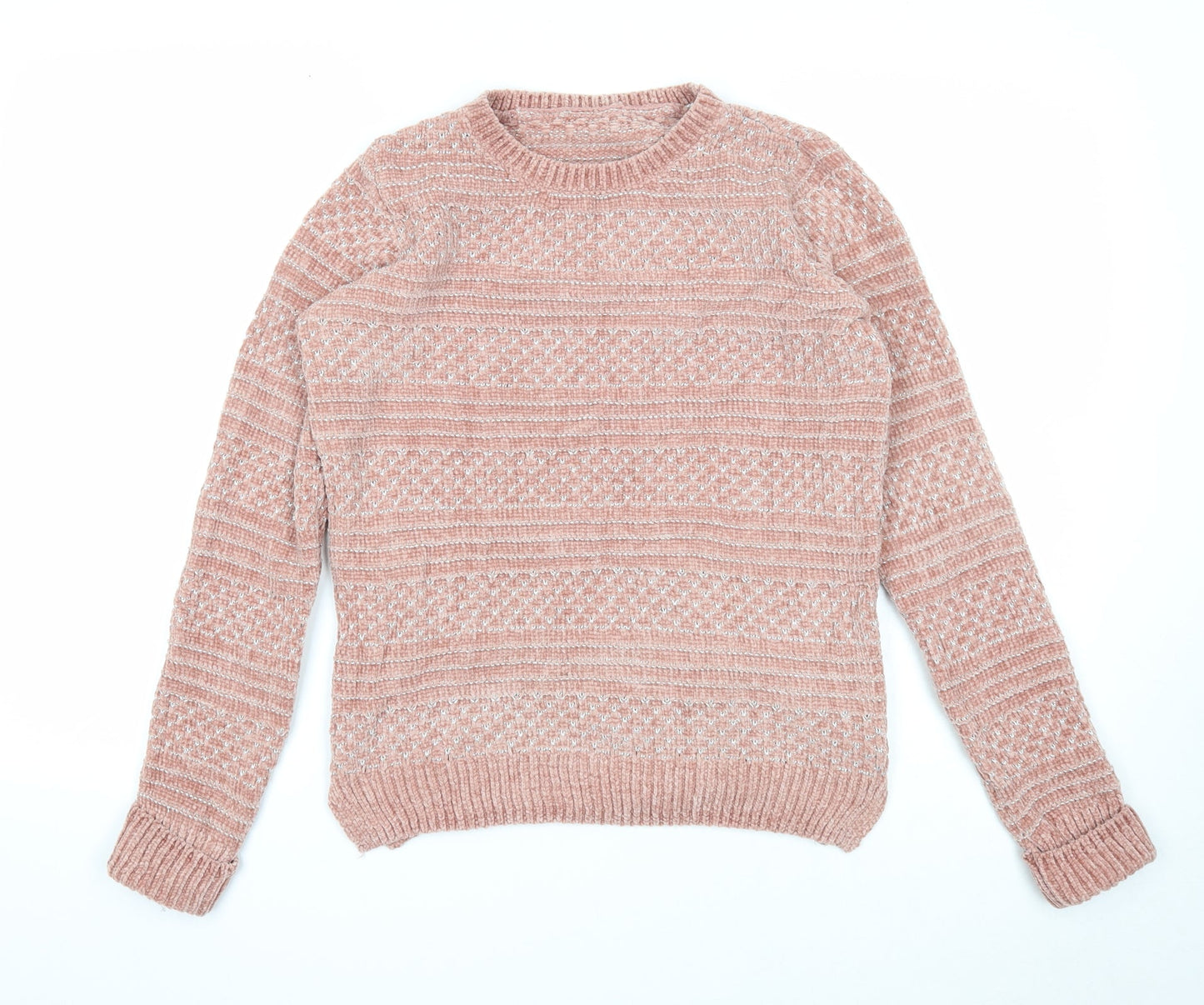 Preworn Womens Pink Round Neck Striped Polyester Pullover Jumper Size 8