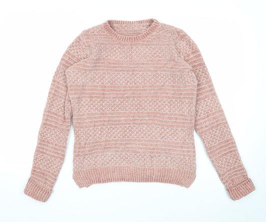 Preworn Womens Pink Round Neck Striped Polyester Pullover Jumper Size 8
