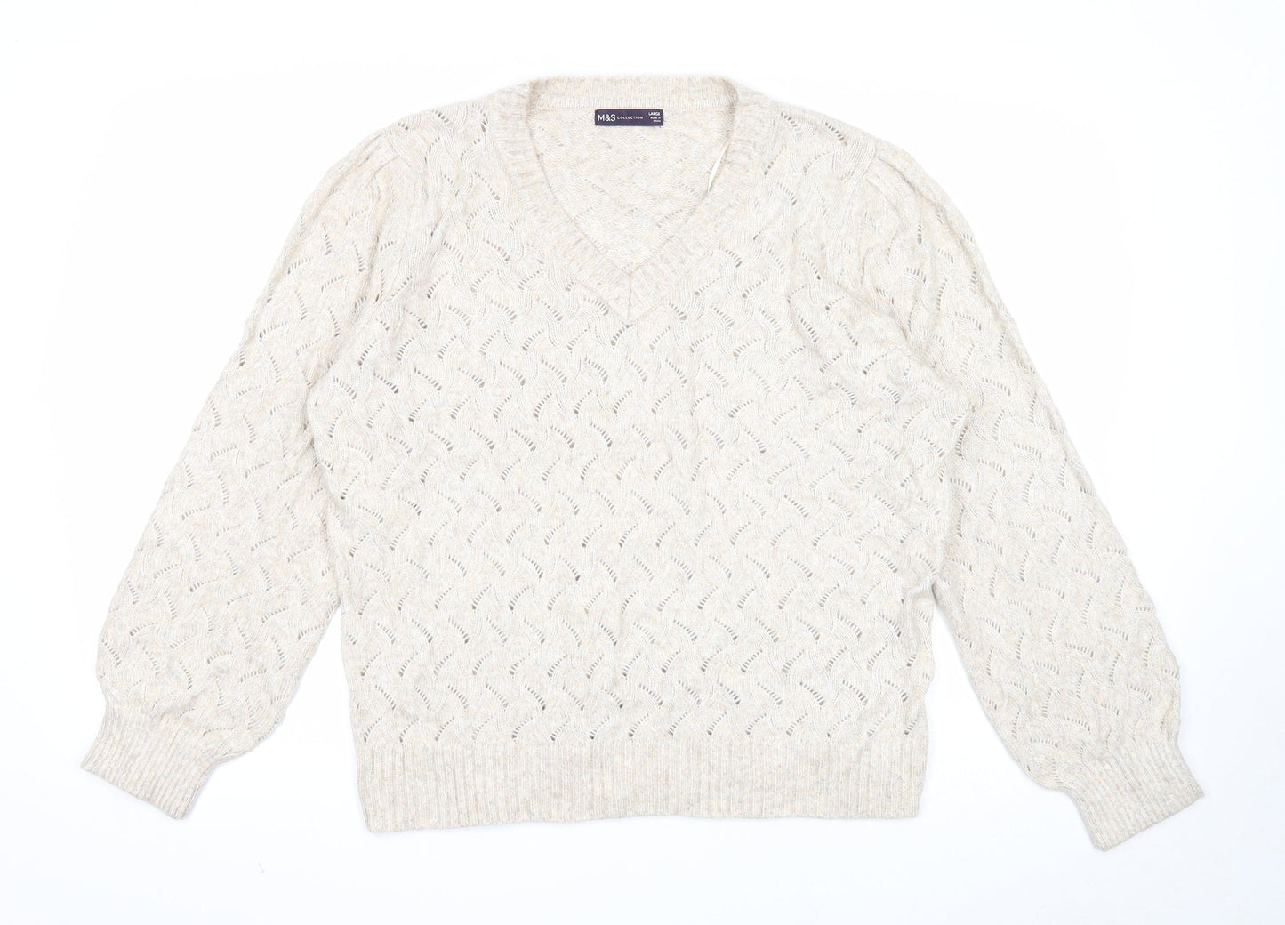 Marks and Spencer Womens Beige V-Neck Polyester Pullover Jumper Size L