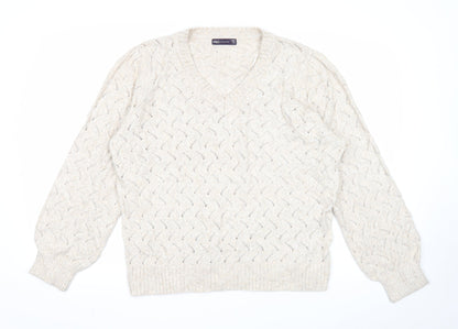 Marks & Spencer Womens Beige V-Neck Polyester Pullover Jumper Size L