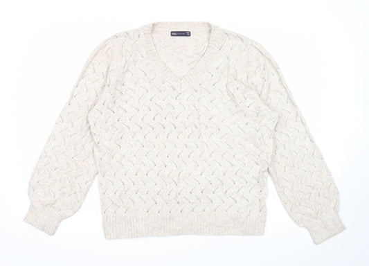Marks and Spencer Womens Beige V-Neck Polyester Pullover Jumper Size L