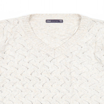 Marks & Spencer Womens Beige V-Neck Polyester Pullover Jumper Size L