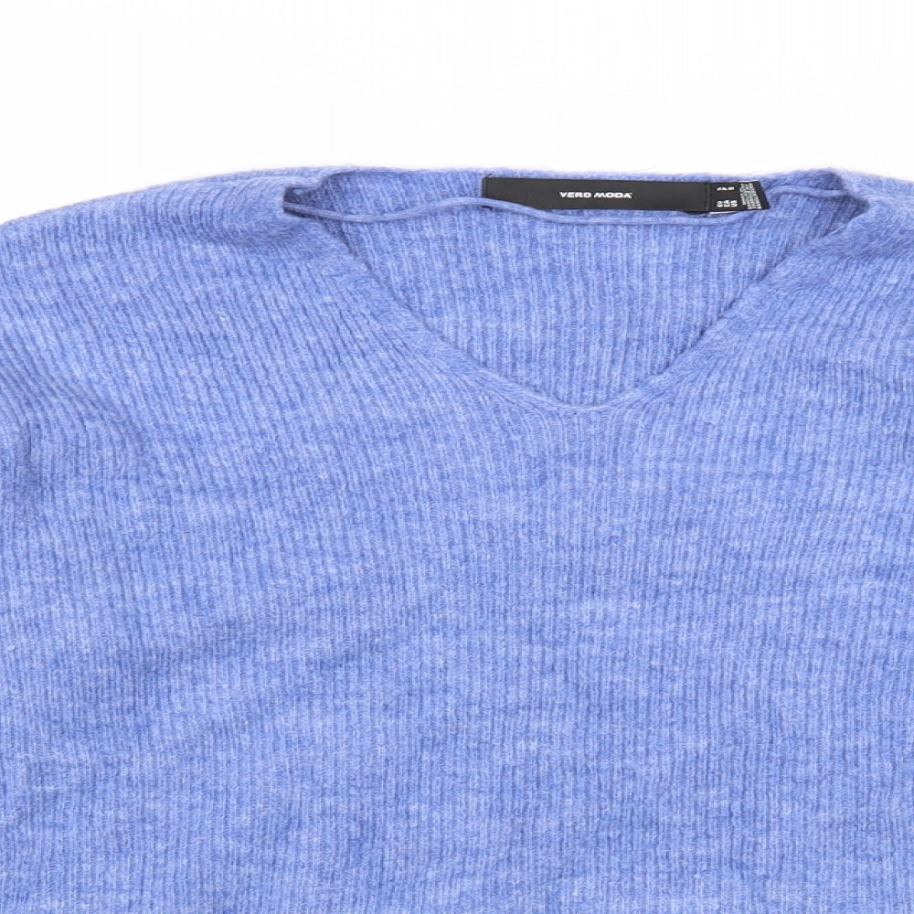 VERO MODA Womens Blue V-Neck Acrylic Pullover Jumper Size S