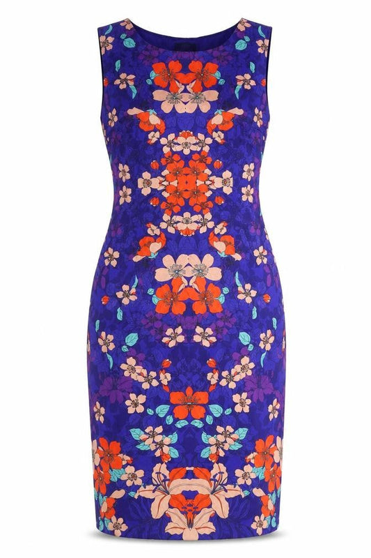 F&F Womens Blue Floral Polyester Pencil Dress Size 10 Boat Neck Zip