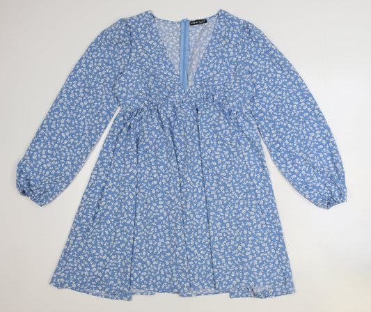 SheIn Womens Blue Geometric Polyester A-Line Size M V-Neck Zip