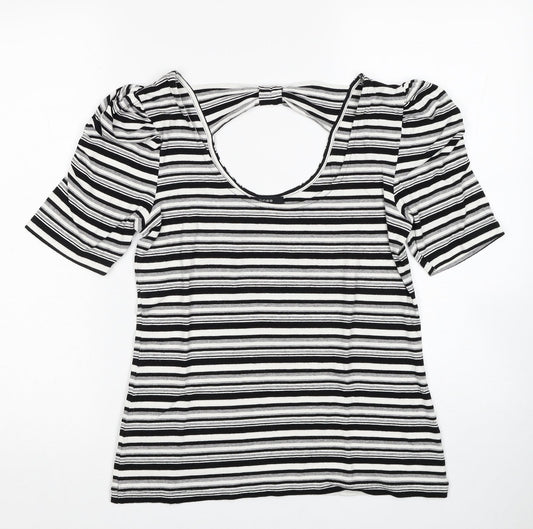Linea Womens Black Striped Viscose Basic T-Shirt Size M Scoop Neck