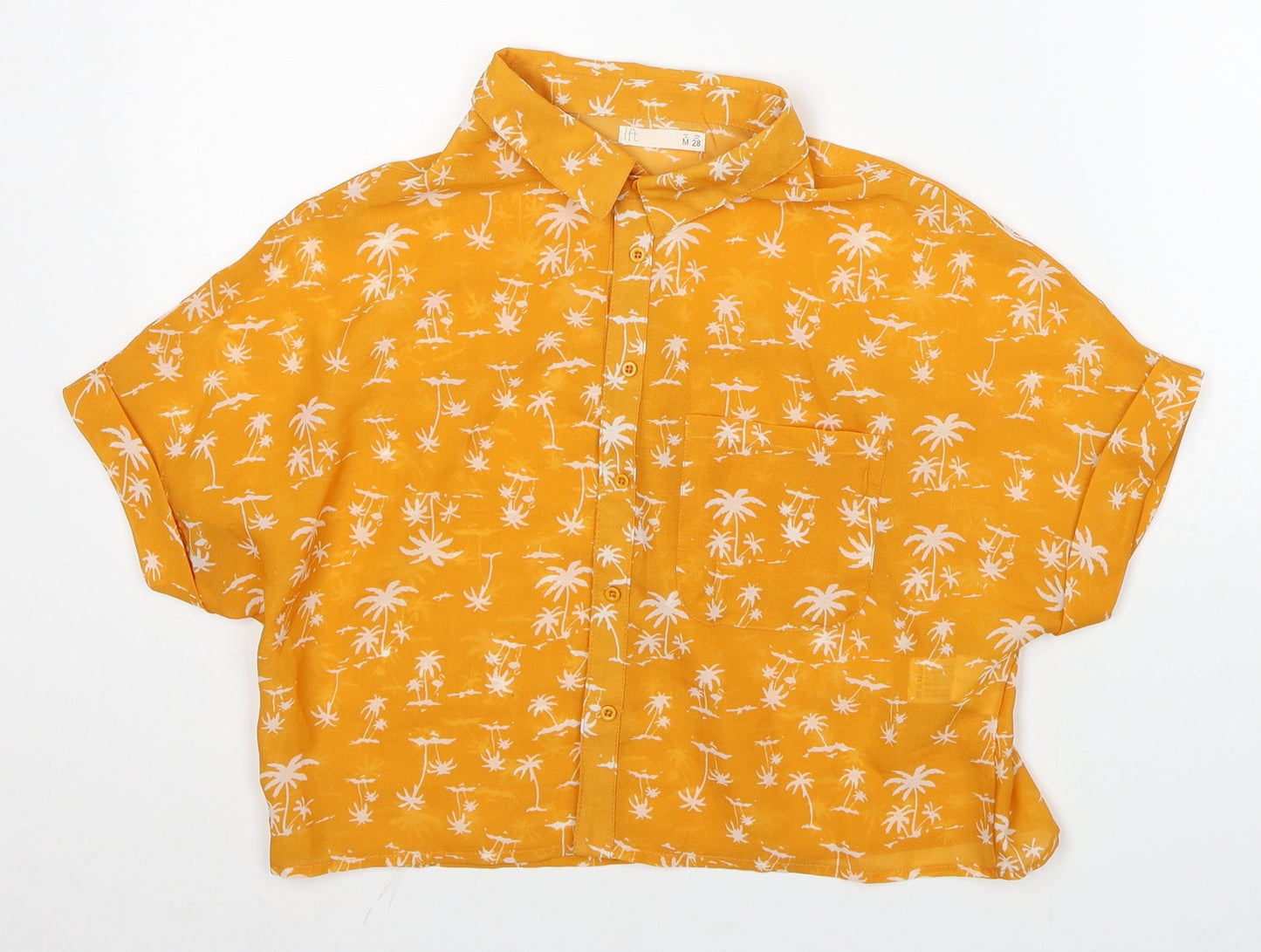 Lift Womens Yellow Geometric Polyester Cropped Button-Up Size M Collared - Palm Tree Print