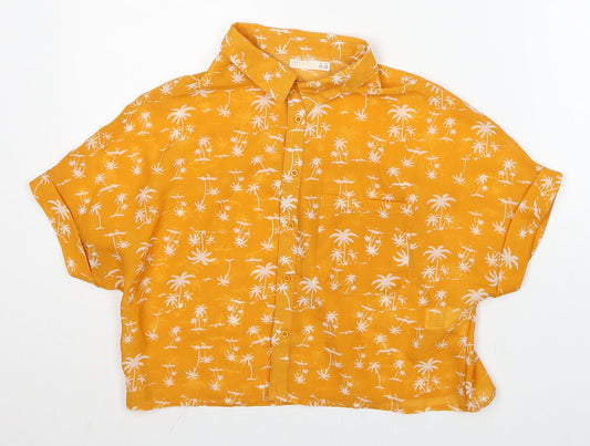 Lift Womens Yellow Geometric Polyester Cropped Button-Up Size M Collared - Palm Tree Print