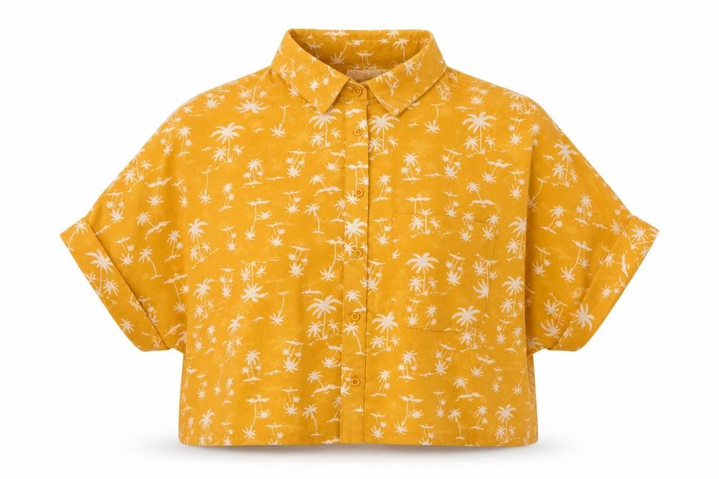 Lift Womens Yellow Geometric Polyester Cropped Button-Up Size M Collared - Palm Tree Print