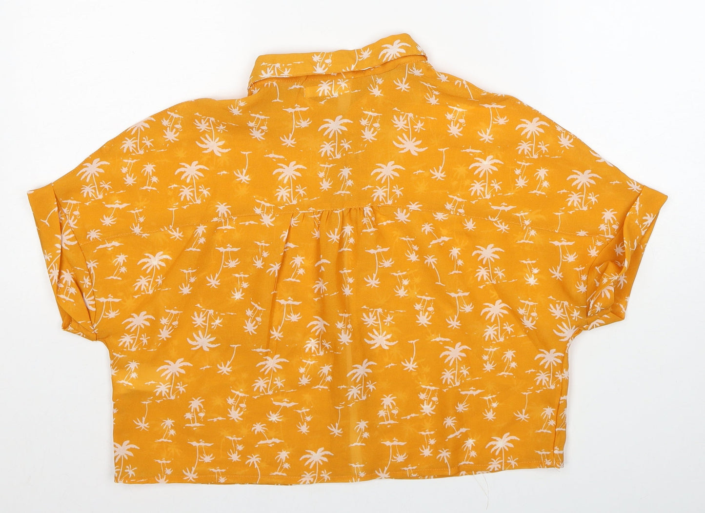 Lift Womens Yellow Geometric Polyester Cropped Button-Up Size M Collared - Palm Tree Print