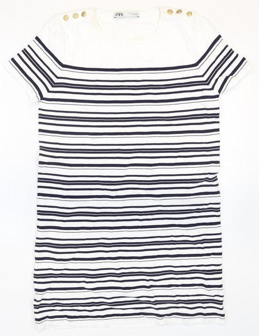 Zara Womens White Striped Polyamide T-Shirt Dress Size S Round Neck Pullover