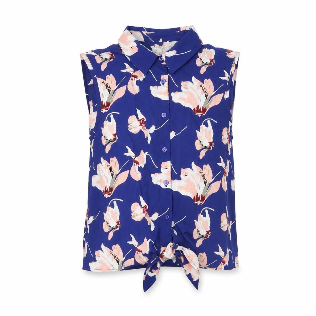 Brave Soul Womens Blue Floral Polyester Basic Button-Up Size S Collared - Knot Front